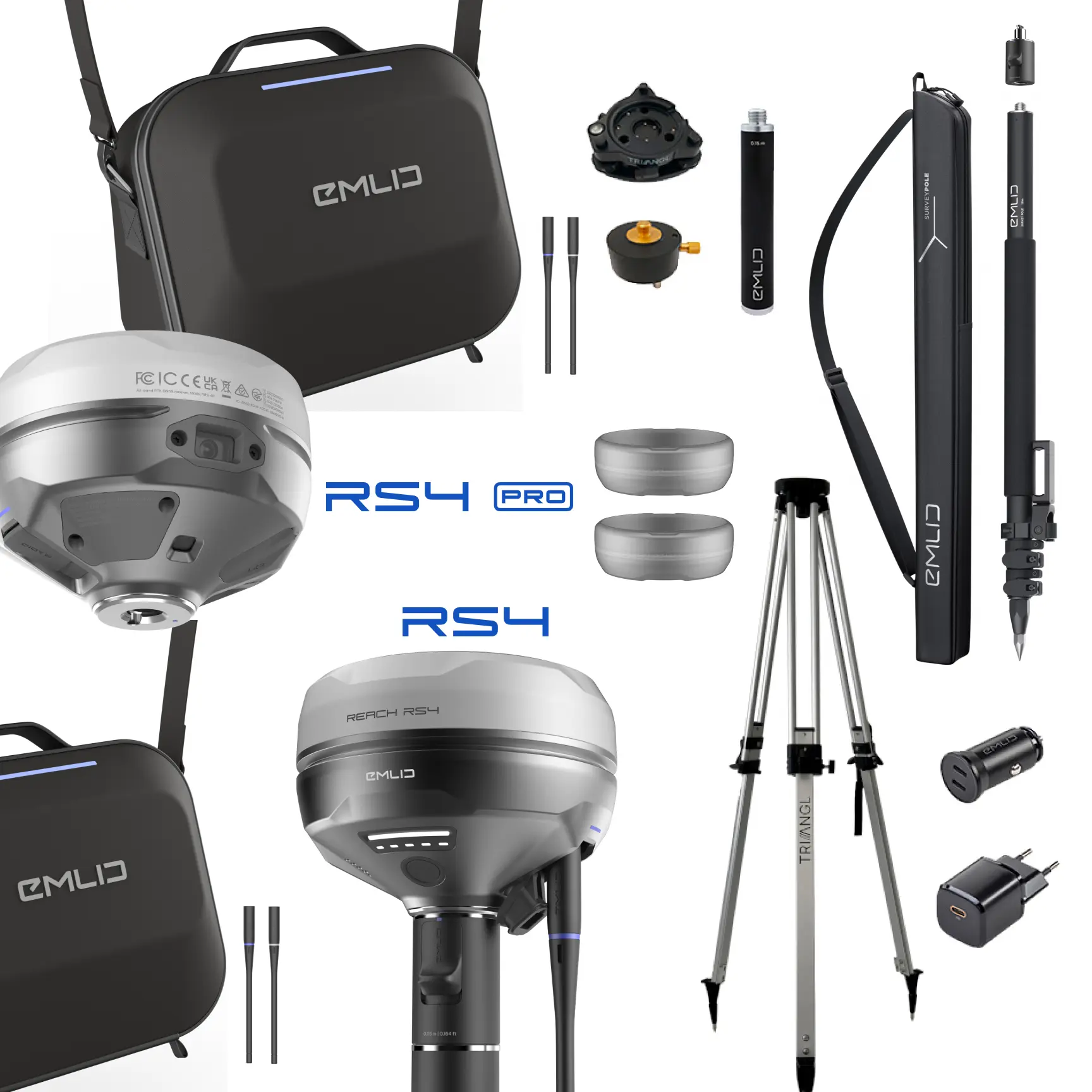 Le kit premium de topographie Emlid RS4 Pro + RS4 avec tous les accessoires pour faire de l prise de point à distance en RTK